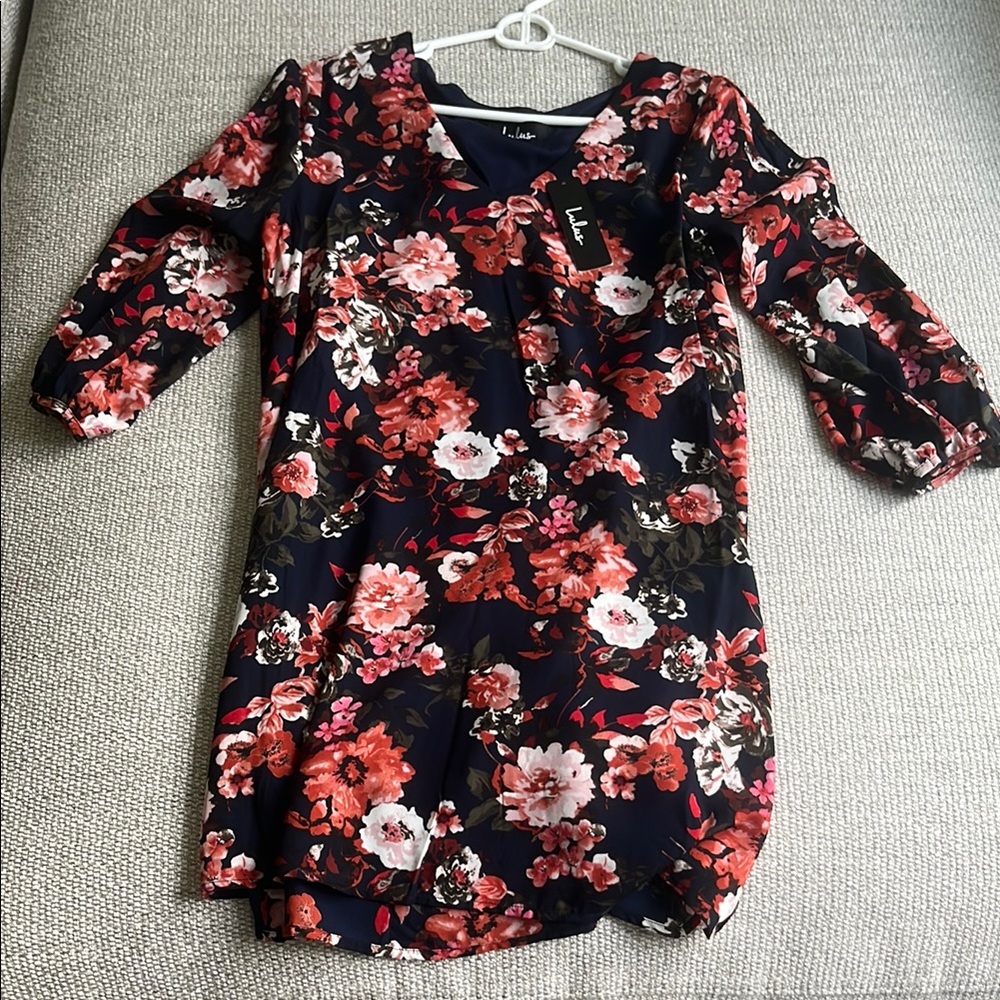 Lulu's Pink and Red Sheath Dress with V-neck Bishop Sleeves